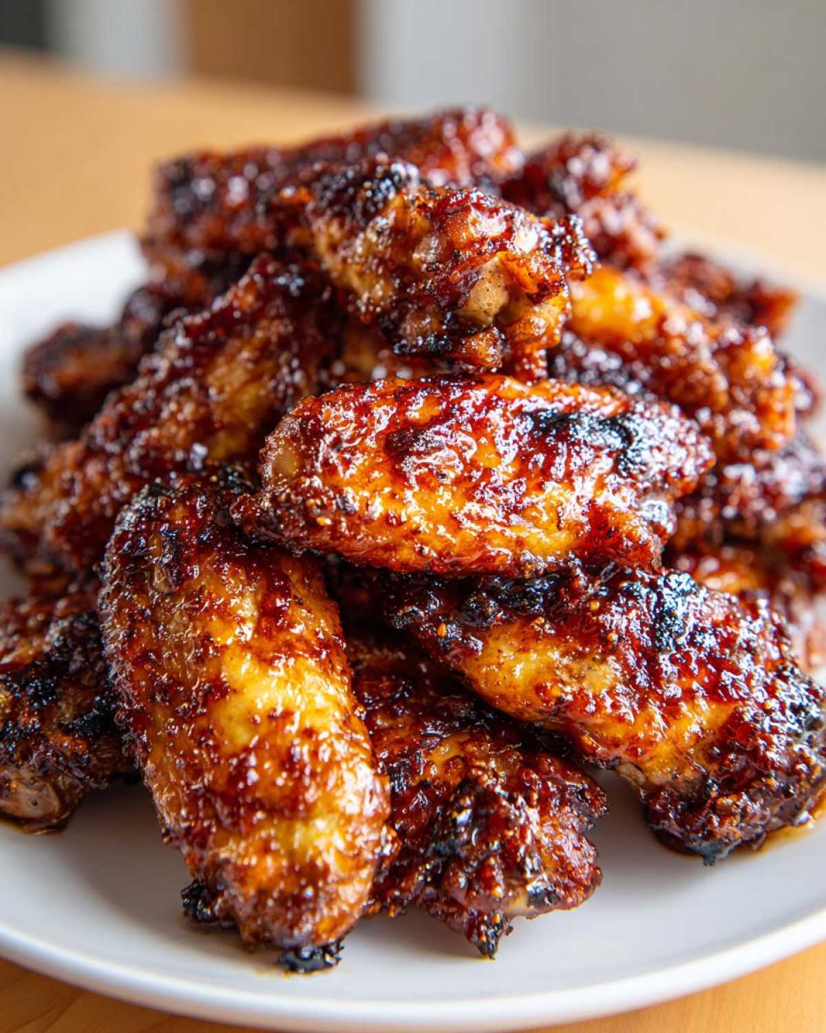 Close-up of a pile of oven-baked Sticky Teriyaki Chicken Wings, glazed and crispy.