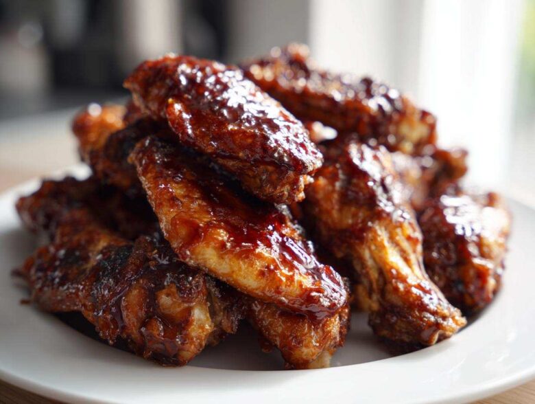 A close-up of a pile of crispy oven baked Sticky Teriyaki Chicken Wings coated in a glossy, dark glaze on a white plate.