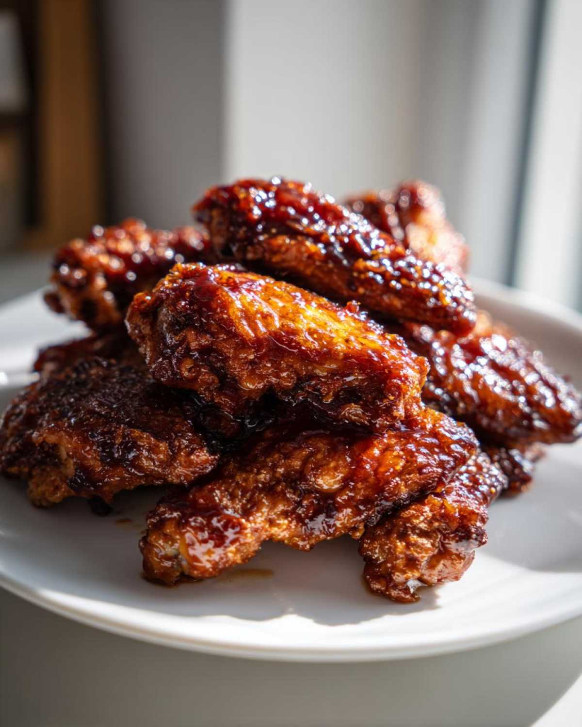 A close-up of a pile of crispy oven baked Sticky Teriyaki Chicken Wings coated in a thick, glossy sauce.