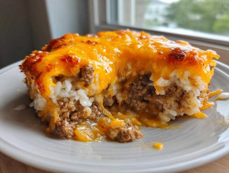 Cheesy Beef and Rice Casserole Comfort Dish - Featured