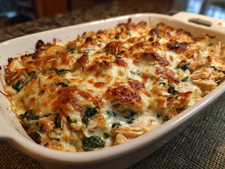 Cheesy Chicken and Spinach Bake Comfort Meal - Featured